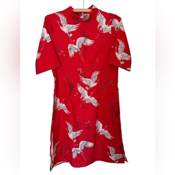 ZARA Basics small PRINTED RED KIMONO DRESS Cranes Asian - Picture 1 of 8